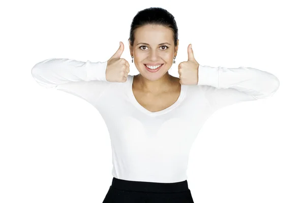 Smiling young beautiful woman in white casual clothing, showing — Stock Photo, Image