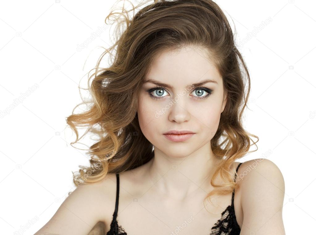 Beauty portrait of young blonde woman, isolated on white backgro