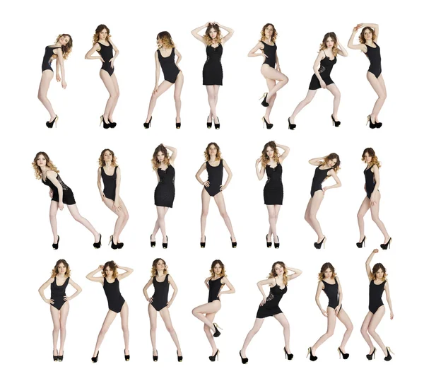 Model Tests, Young slim women posing in black leotard — Stock Photo, Image