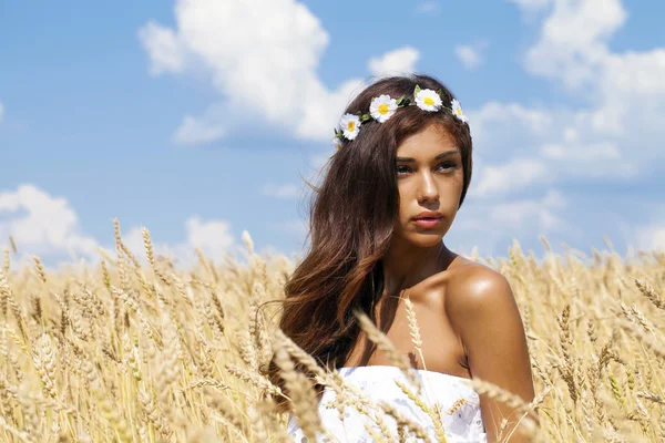 Jovem mulher em um campo dourado de trigo — Fotografia de Stock