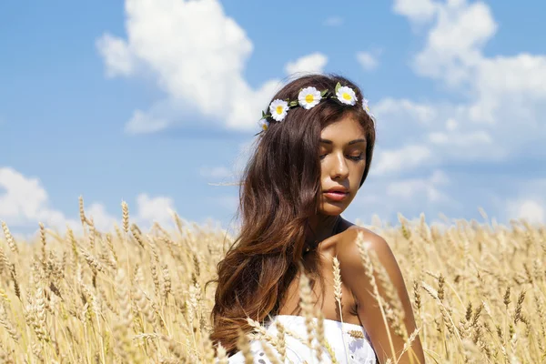 Młoda kobieta na złotym polu pszenicy — Zdjęcie stockowe