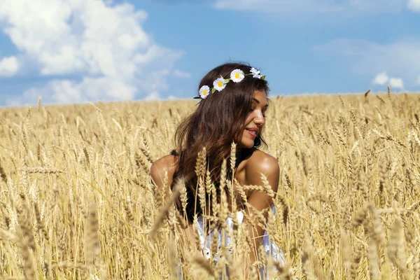 Primer plano retrato de una hermosa joven morena en un campo de trigo — Foto de Stock