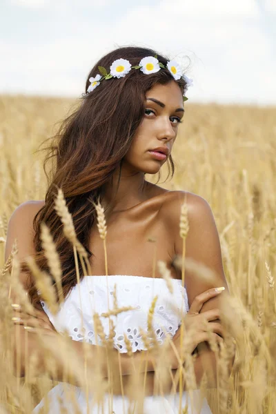 Ritratto ravvicinato di una bella giovane bruna in un campo di grano — Foto Stock