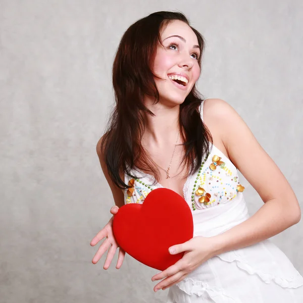 Attractive caucasian smiling woman brunette isolated on white st — Stock Photo, Image