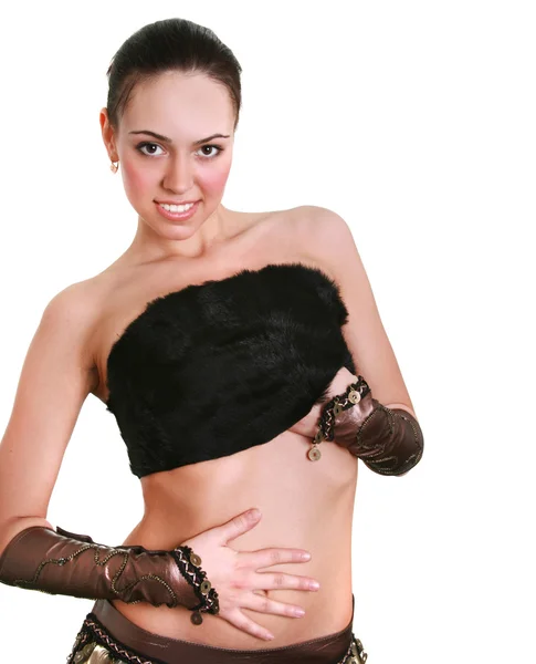 Ung sexig ung kvinna i en svart päls ämne — Stockfoto