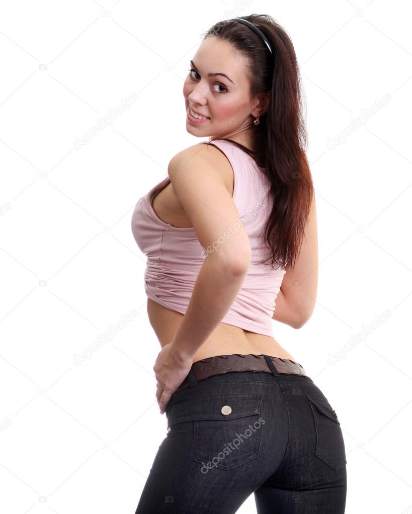 Topless young woman in a blue jeans 