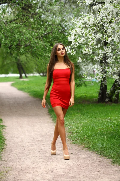 Arka plan bahar flo karşı Kırmızı elbiseli mutlu genç kadın — Stok fotoğraf
