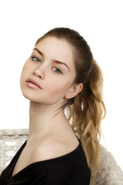 Portrait close up of young beautiful blonde woman — Stock Photo, Image