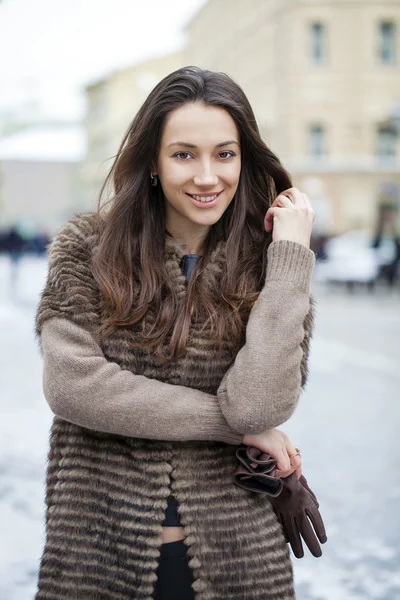 Young beautiful woman in stylish mink coat — Stock Photo, Image