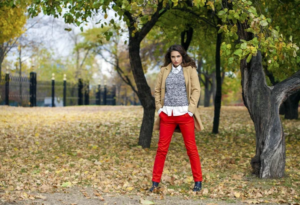 Mujer joven en abrigo de moda caminando en el parque de otoño — Foto de Stock