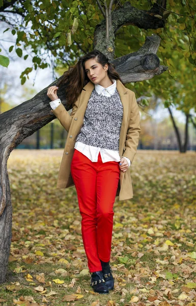 Jonge vrouw met mode vacht wandelen in herfst park — Stockfoto