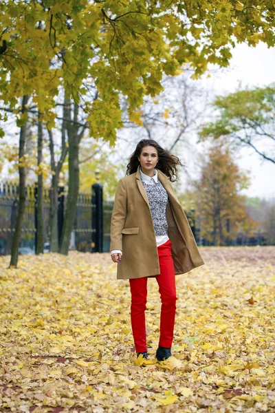 Jonge vrouw met mode vacht wandelen in herfst park — Stockfoto