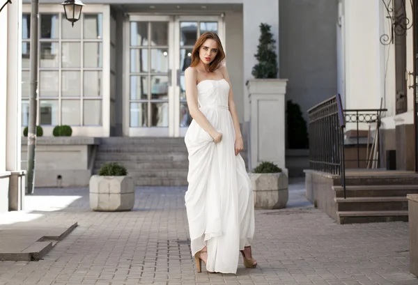 Full length portrait of beautiful model woman with long legs wea — Stock Photo, Image