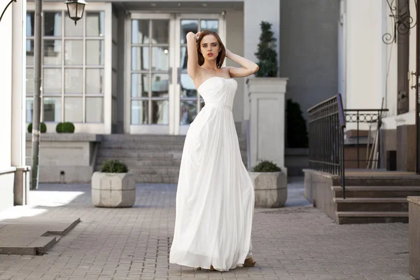 Full length portrait of beautiful model woman with long legs wea — Stock Photo, Image