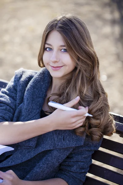 Portrait close up of young beautiful blonde schoolgirl — Stock Photo, Image