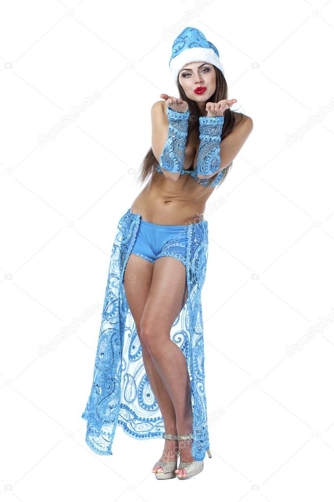 Blow kiss, Young beautiful woman dressed as Russian Snow Maiden