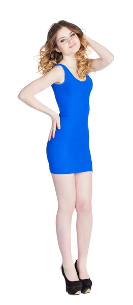 Schöne Mädchen in einem blauen Kleid — Stockfoto