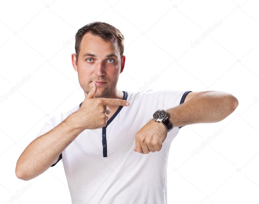Worrier man running out of time looking his watch 