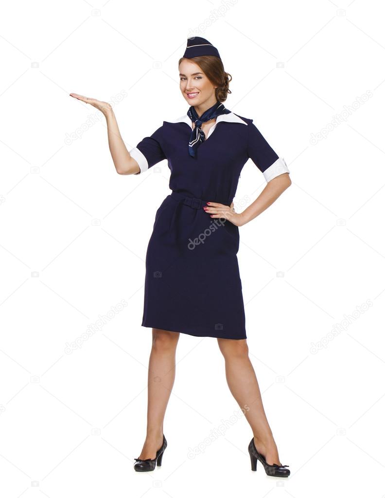 Beautiful smiling stewardess isolated on a white background