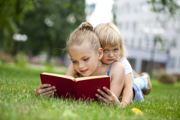 Ładny ładny dziewczynka czytanie książki poza na trawie — Zdjęcie stockowe