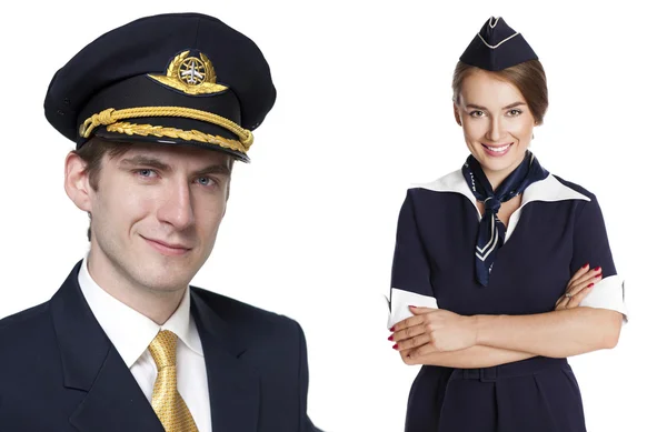 Captain of the aircraft and a beautiful flight attendant in a da — Stock Photo, Image