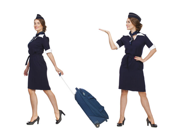 Collage, Beautiful stewardess holding suitcase isolated on white