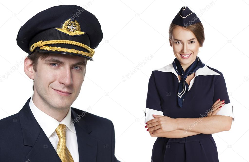 Captain of the aircraft and a beautiful flight attendant in a da