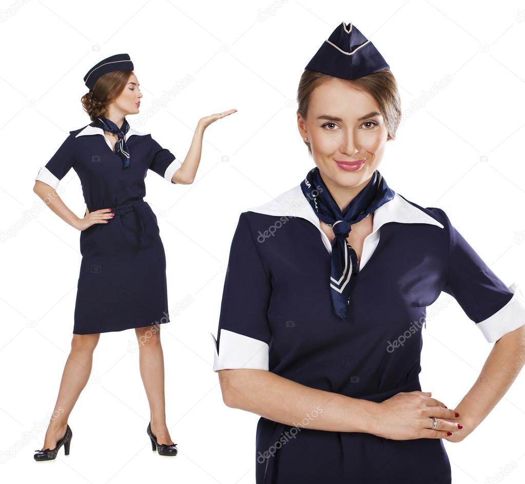 Collage, Beautiful stewardess holding suitcase isolated on white