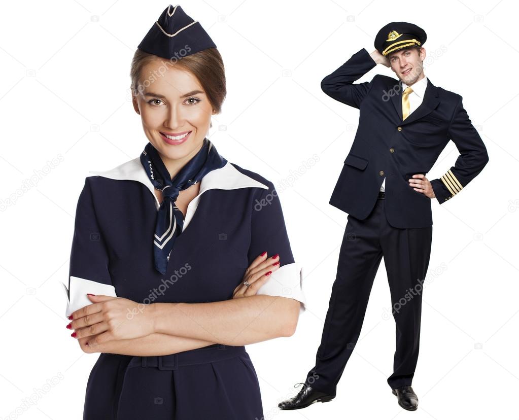 Captain of the aircraft and a beautiful flight attendant in a da