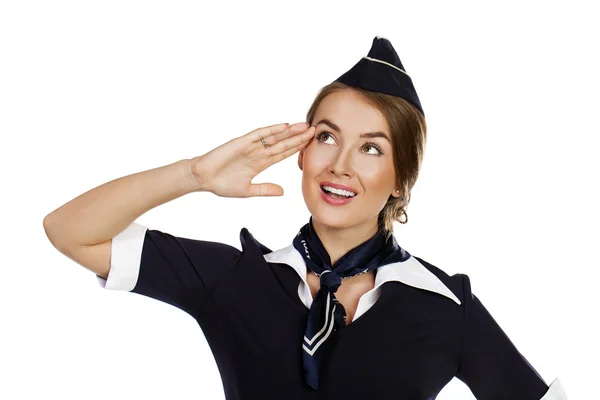 Mooie lachende stewardess geïsoleerd op een witte achtergrond — Stockfoto