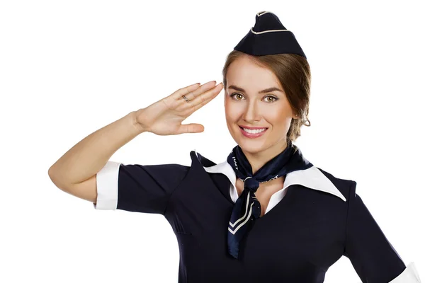 Beautiful smiling stewardess isolated on a white background — Stock Photo, Image