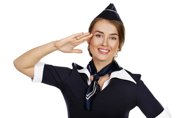 Mooie lachende stewardess geïsoleerd op een witte achtergrond — Stockfoto