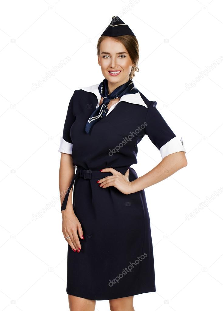 Beautiful smiling stewardess isolated on a white background