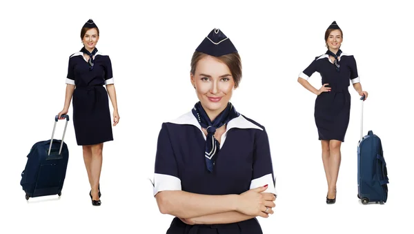 Mooie stewardess houden koffer geïsoleerd op witte CHTERGRO — Stockfoto