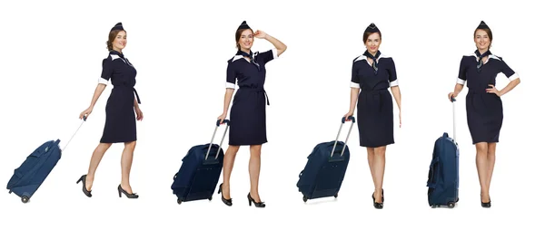 Collage, Beautiful stewardess holding suitcase isolated on white — Stock Photo, Image