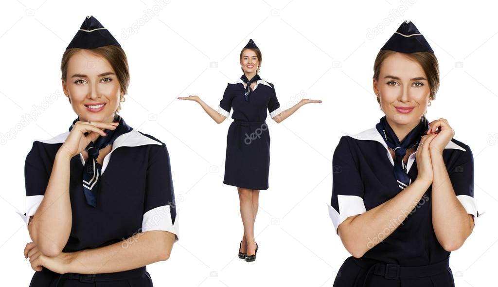 Beautiful stewardess holding suitcase isolated on white backgrou