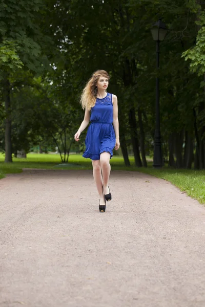 Beautiful young blonde woman in blue dress Stock Picture