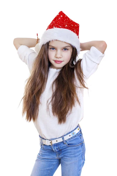 Little girl on christmas isolated in white — Stock Photo, Image