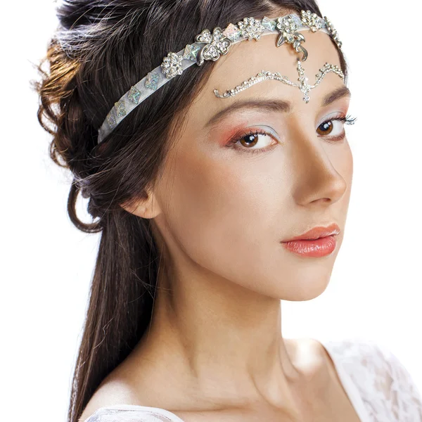 Glamor close up portrait of a young woman on a white background — Stock Photo, Image