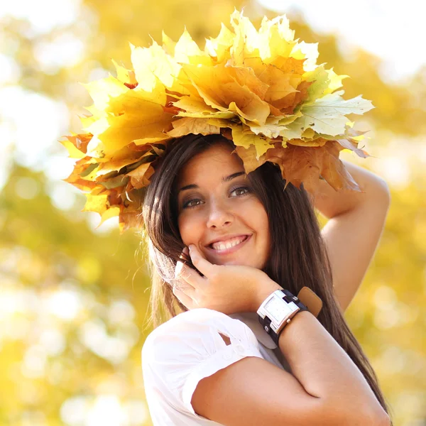 Happy krásná dívka s kyticí javorového listí Stock Obrázky