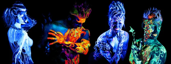 Quatro elementos. Arte corporal brilhando na luz ultravioleta — Fotografia de Stock