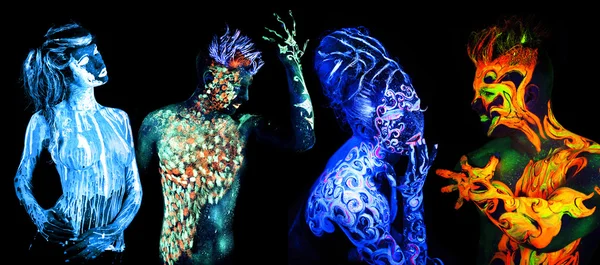 Four elements. Body art glowing in ultraviolet light — Stock Photo, Image