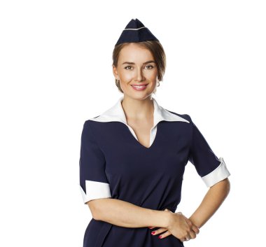 Beyaz bir arka plan üzerinde izole güzel gülümseyen hostes