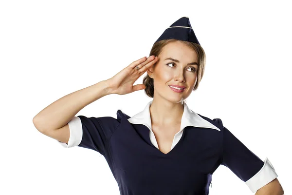 Szép mosolygó stewardess elszigetelt fehér background — Stock Fotó