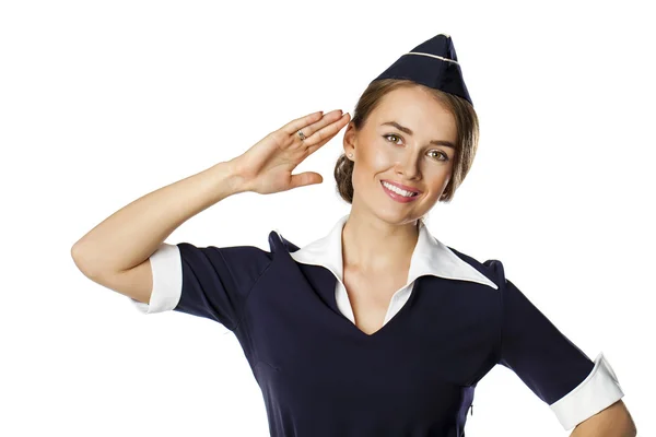 Linda aeromoça sorridente isolada em um fundo branco — Fotografia de Stock