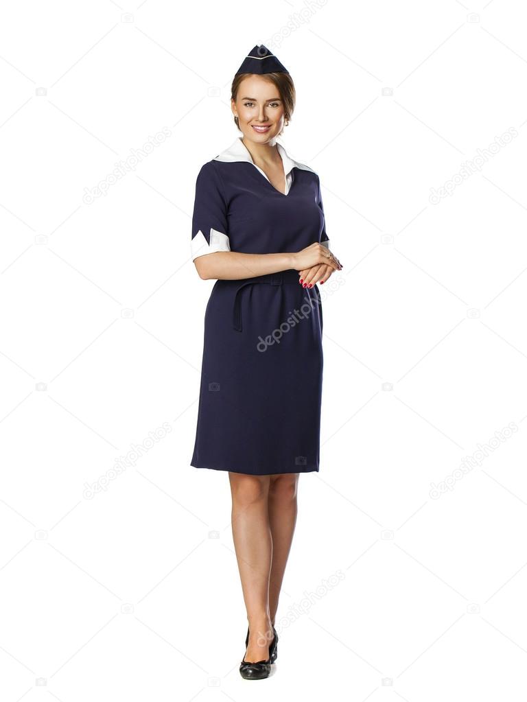 Beautiful smiling stewardess isolated on a white background