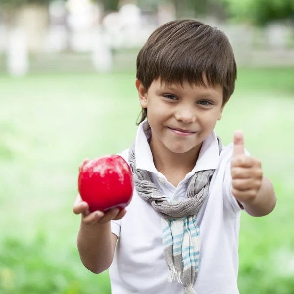 A little boy holds red apple on the background of summer park — Stock Photo, Image