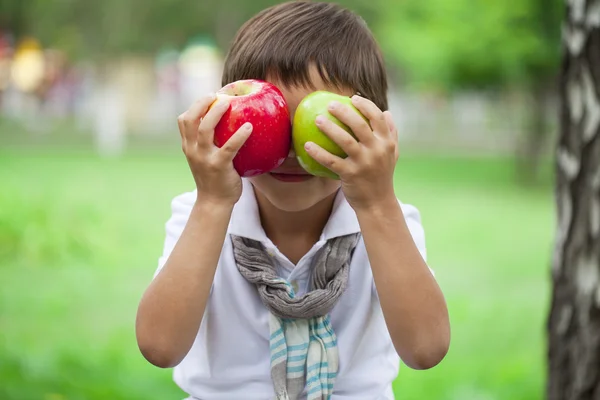 Malý chlapec drží dvě jablka na pozadí letní park — Stock fotografie