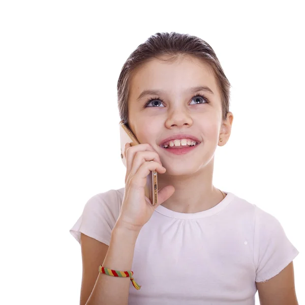 Porträt der brünetten kaukasischen Schülerin telefonisch — Stockfoto