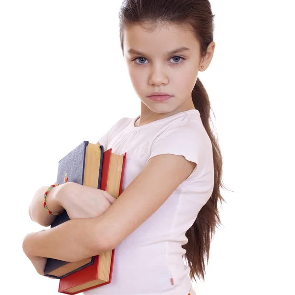 Education, Young beautiful schoolgirl holds textbooks — Stockfoto